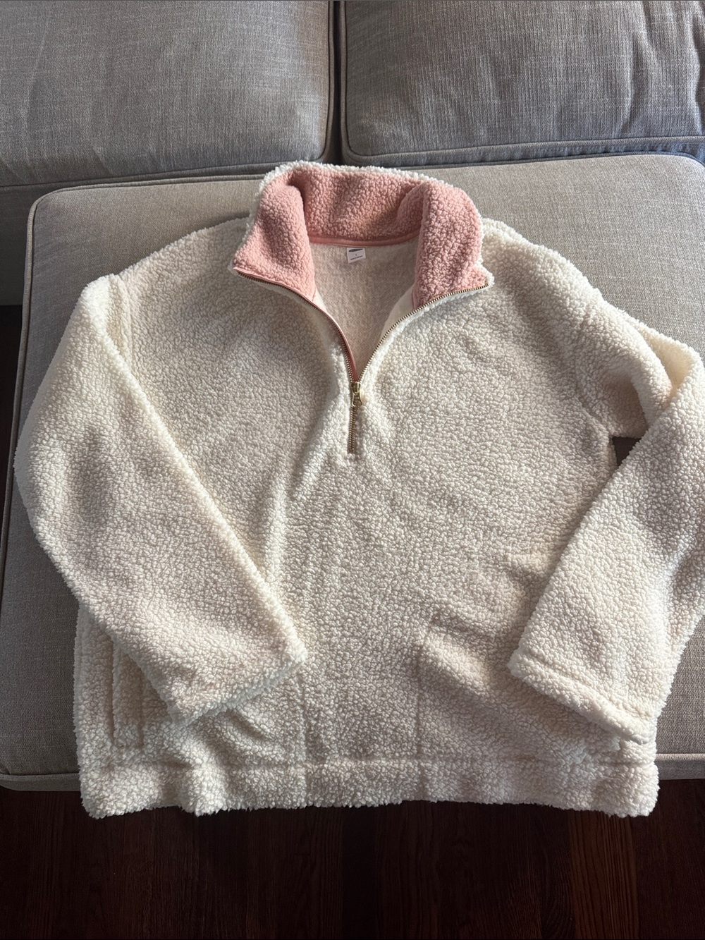 Old Navy Cream Sherpa Half-Zip Pullover with Pink Collar
